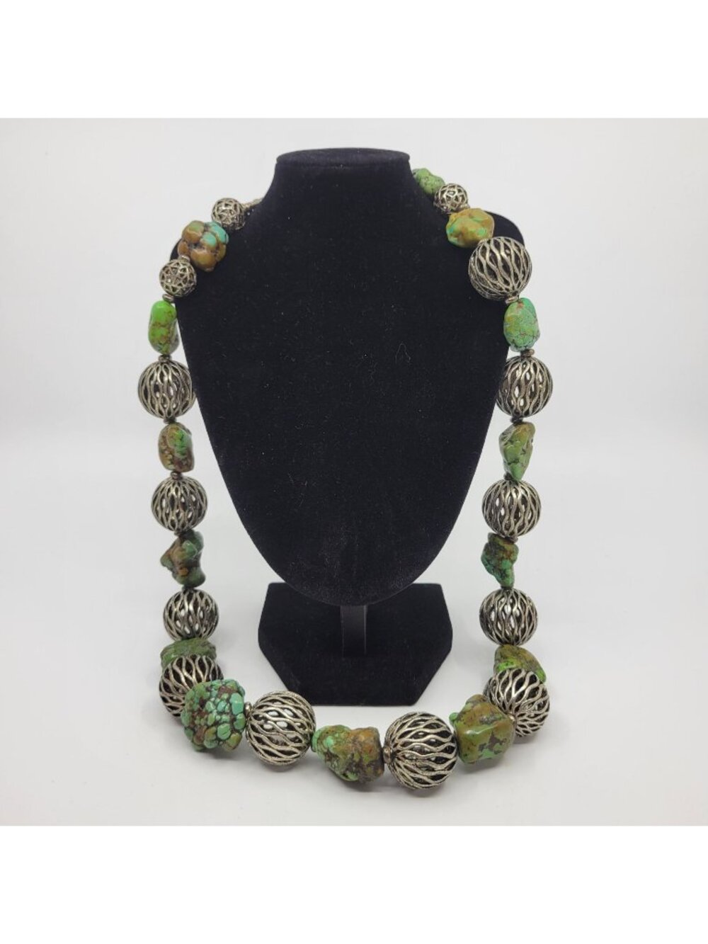 Genuine Southwest Turquoise Nugget Necklace 26" Artisan Silver Openwork Beads Bo